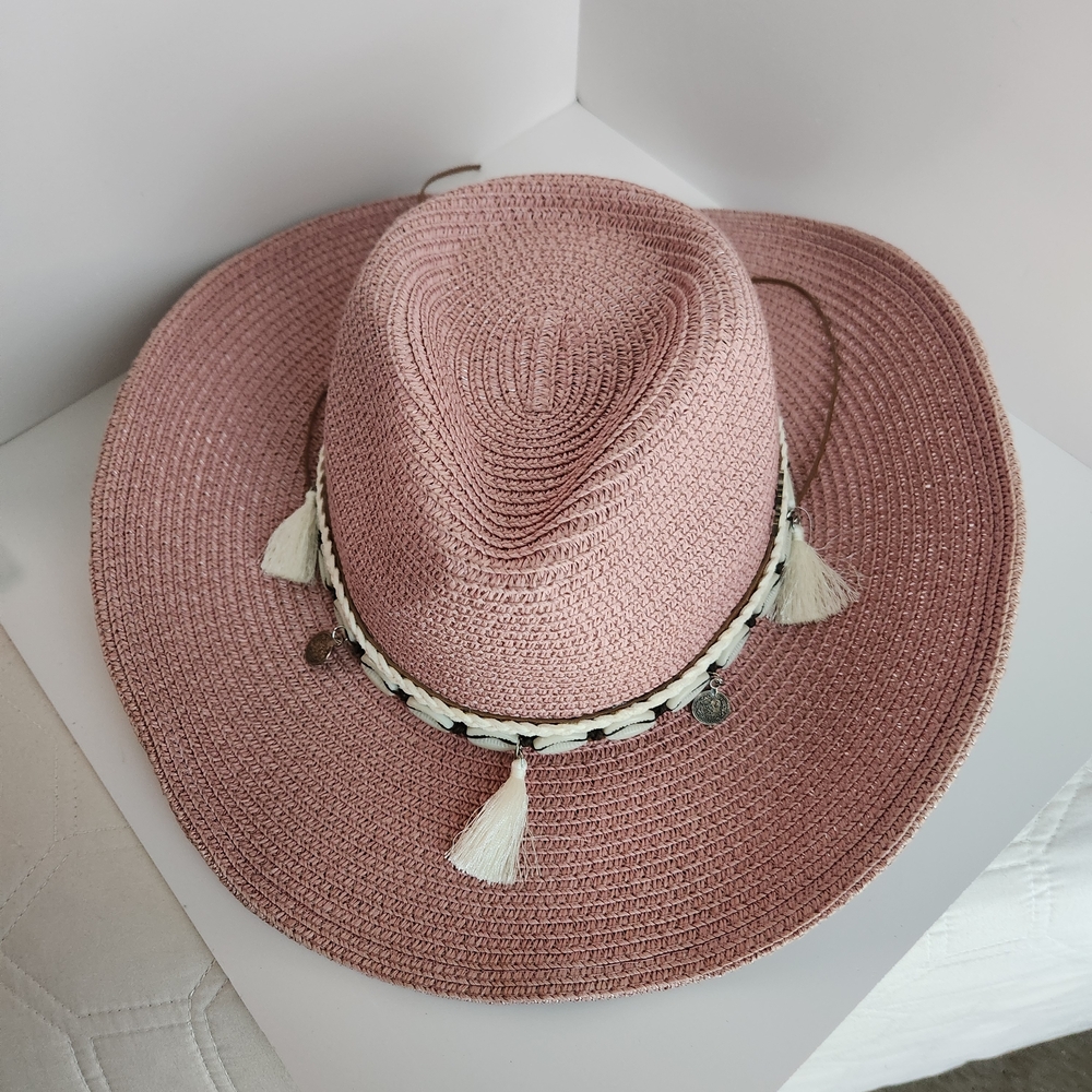 Lucky 7 USA Dusty Pink Woven Paper Straw Cowboy Hat with Tassels